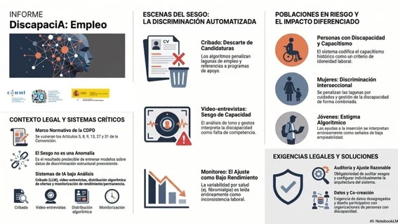 Infografía sobre cribado de candidaturas, vídeo-entrevistas y monitorización algorítmica y su impacto diferenciado en personas con discapacidad.
