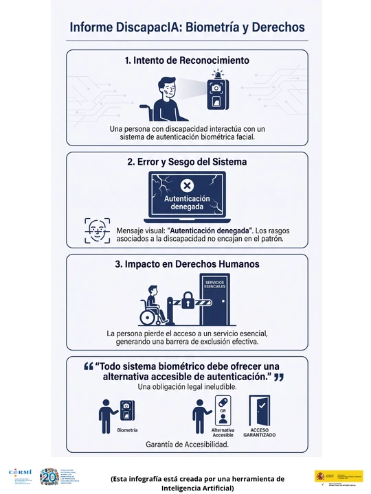 Infografía sobre fallos en la autenticación biométrica de personas con discapacidad y la necesidad de ofrecer alternativas accesibles.
