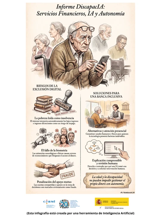Infografía sobre exclusión digital en servicios financieros y medidas para garantizar la autonomía económica de personas mayores con discapacidad.