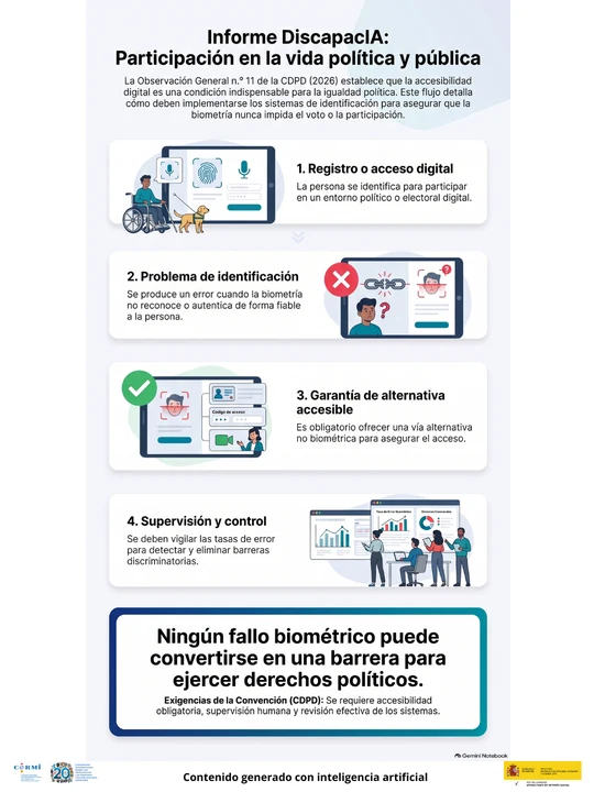 Infografía sobre identificación biométrica en procesos políticos digitales, alternativas accesibles y supervisión para garantizar la participación.