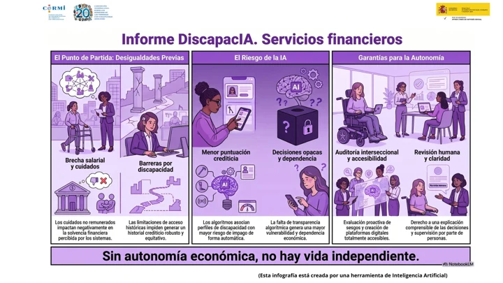 Infografía sobre desigualdades previas, riesgos algorítmicos y garantías para la autonomía económica de mujeres con discapacidad.