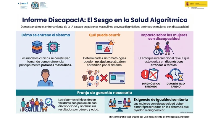 Infografía sobre diagnósticos erróneos o tardíos en mujeres con discapacidad cuando los sistemas clínicos se entrenan principalmente con patrones masculinos.