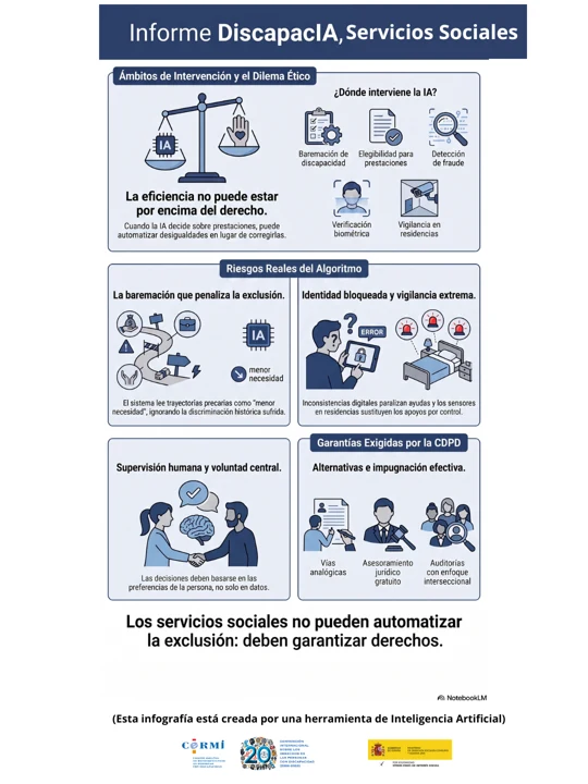 Infografía sobre usos de la IA en servicios sociales, riesgos de automatizar la exclusión y garantías de supervisión e impugnación.