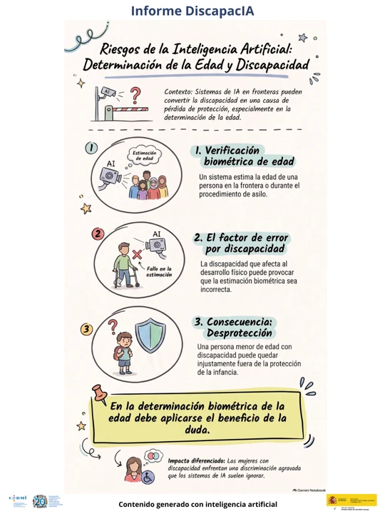 Infografía sobre errores en la determinación biométrica de la edad de personas con discapacidad en fronteras y procedimientos de asilo.
