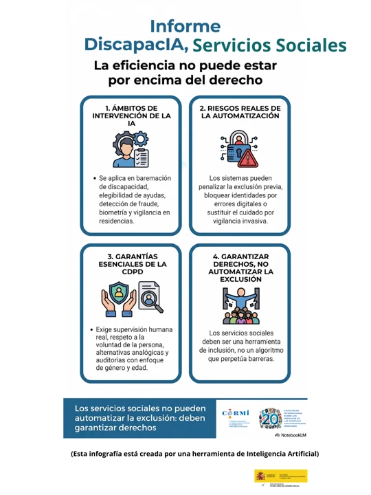 Infografía sobre ámbitos de intervención, riesgos de automatización y garantías de derechos en los servicios sociales.