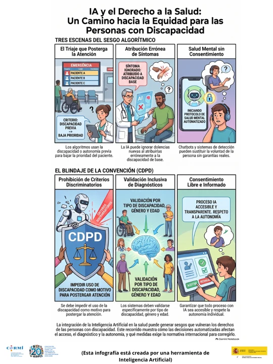 Infografía sobre sesgos de la IA en triaje, diagnóstico y salud mental, y garantías de no discriminación, validación inclusiva y consentimiento.