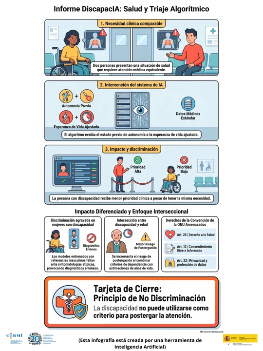 Infografía sobre discriminación en el triaje algorítmico cuando la discapacidad o la autonomía previa reducen la prioridad clínica.