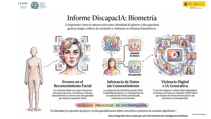 Infografía sobre reconocimiento facial, inferencia de datos y violencia digital en la intersección entre identidad de género y discapacidad.