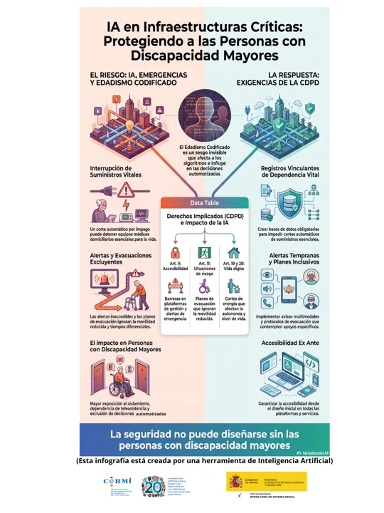 Infografía sobre riesgos de la automatización, emergencias y edadismo para personas mayores con discapacidad en infraestructuras críticas.