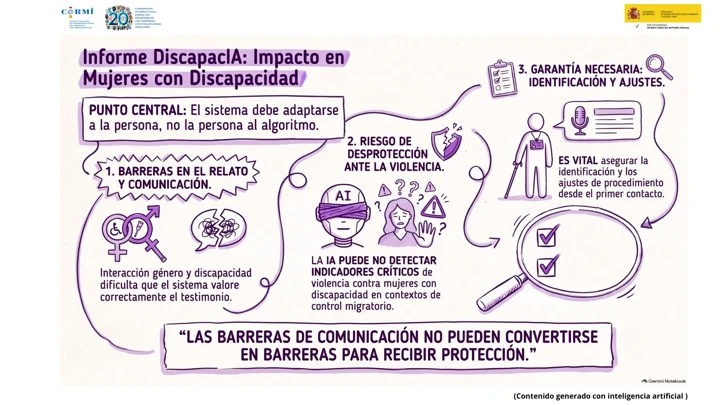 Infografía sobre barreras de comunicación, riesgo de desprotección frente a la violencia y ajustes necesarios para mujeres con discapacidad en contextos migratorios.