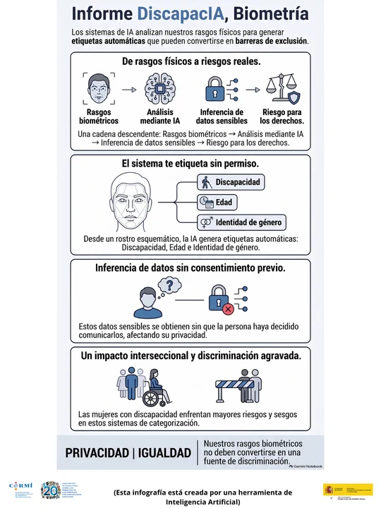 Infografía sobre inferencia automatizada de discapacidad, edad e identidad de género a partir de rasgos biométricos y sus riesgos para los derechos.