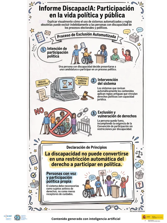 Infografía sobre cómo sistemas automatizados y reglas obsoletas pueden excluir a personas con discapacidad de la participación política.