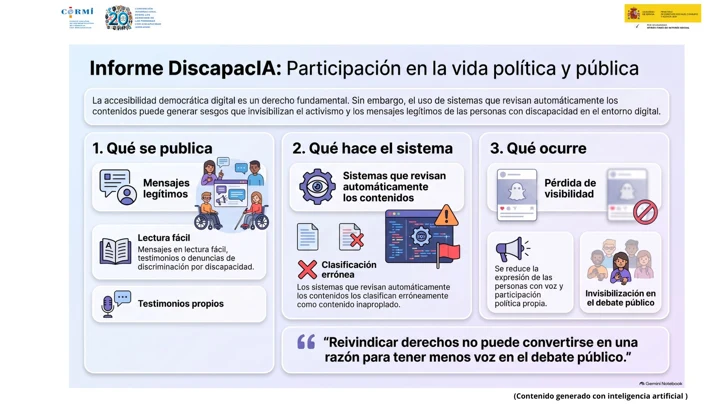 Infografía sobre cómo la revisión automatizada de contenidos puede reducir la visibilidad y la voz pública de las personas con discapacidad.