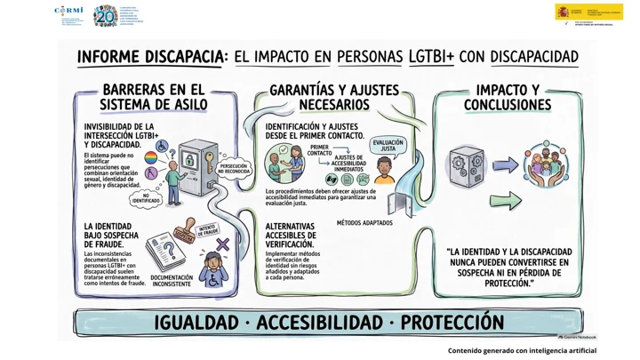 Infografía sobre barreras en el sistema de asilo para personas LGTBI+ con discapacidad y las garantías de accesibilidad y protección necesarias.