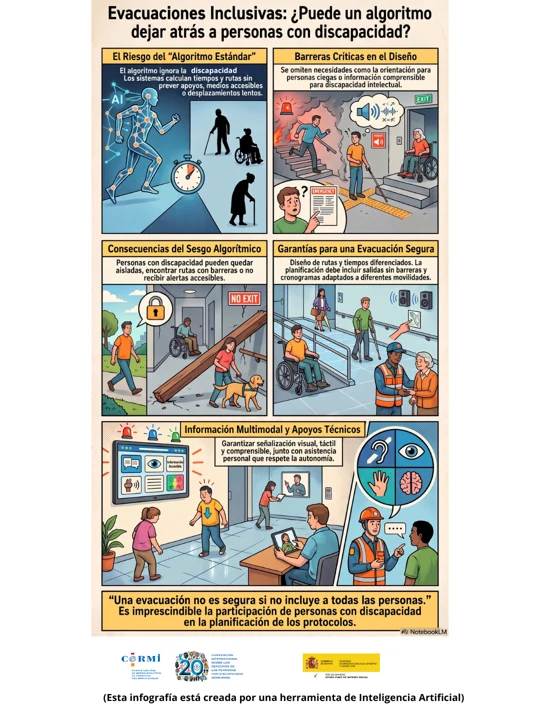 Infografía sobre riesgos de exclusión algorítmica en evacuaciones y garantías de accesibilidad, apoyos y participación de personas con discapacidad.