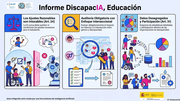 Infografía sobre ajustes razonables, auditoría interseccional, datos desagregados y participación en el uso de IA en educación.