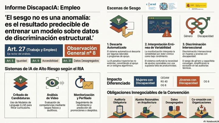 Infografía sobre sesgos de la IA en selección, vídeo-entrevistas y monitorización laboral, y garantías frente a la discriminación algorítmica.