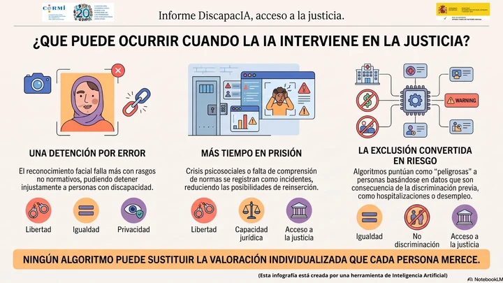 Infografía sobre detenciones erróneas, mayor tiempo en prisión y conversión de la exclusión social en riesgo mediante sistemas de IA.