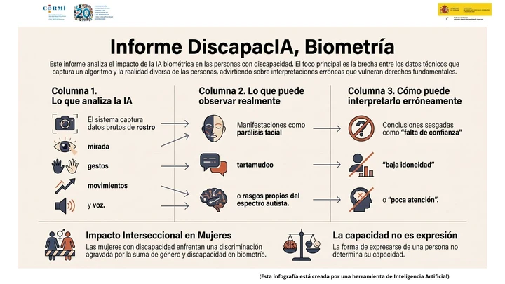 Infografía sobre cómo los sistemas biométricos pueden interpretar erróneamente rasgos asociados a la discapacidad y producir conclusiones sesgadas.