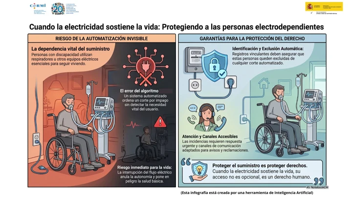 Infografía sobre el riesgo de cortes eléctricos automatizados para personas electrodependientes y las garantías necesarias para proteger el suministro vital.