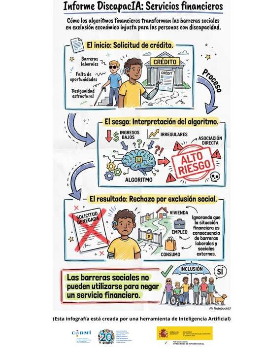 Infografía sobre cómo un algoritmo crediticio puede convertir barreras sociales y laborales en una clasificación injusta de alto riesgo.
