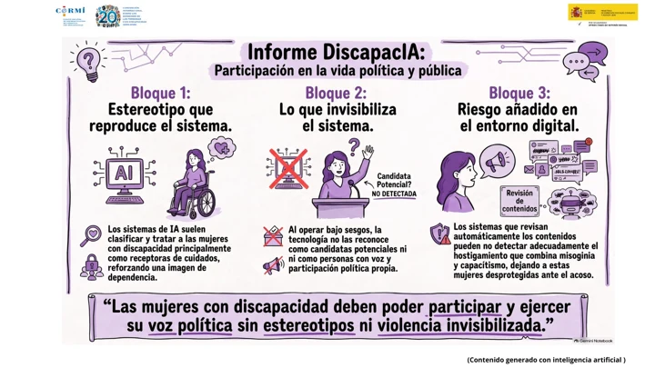 Infografía sobre estereotipos, invisibilización y violencia digital que pueden afectar a la participación política de las mujeres con discapacidad.