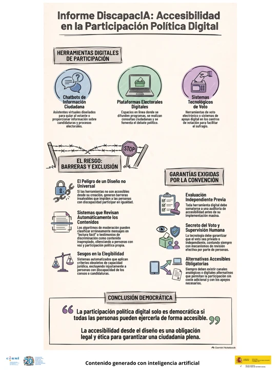 Infografía sobre herramientas digitales de participación política, riesgos de exclusión y garantías de accesibilidad exigibles.