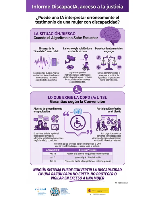 Infografía sobre el riesgo de que la IA interprete erróneamente el testimonio de una mujer con discapacidad y las garantías exigibles.