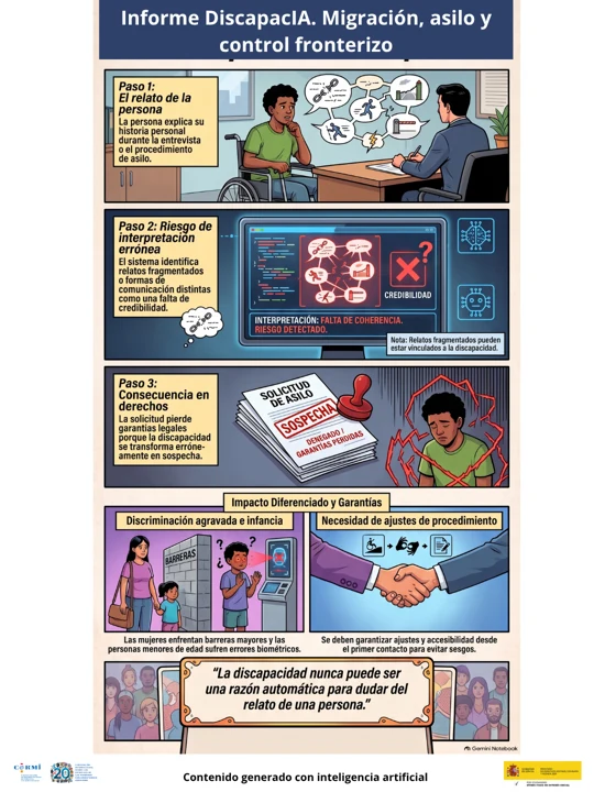Infografía sobre el riesgo de que sistemas automatizados interpreten erróneamente el relato de una persona con discapacidad durante un procedimiento de asilo.