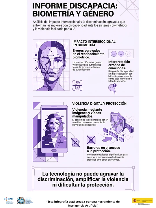 Infografía sobre discriminación interseccional de mujeres con discapacidad en sistemas biométricos y violencia digital facilitada por inteligencia artificial.