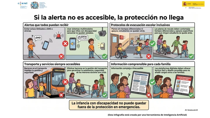 Infografía sobre alertas accesibles, evacuaciones inclusivas, transporte y comunicación con familias durante emergencias.
